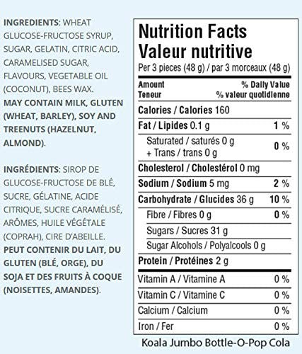 Koala Jumbo Bottle-O-Pop Cola Bottle Gummy Candy - 1Kg/2.2lbs., Tub, {Imported from Canada}