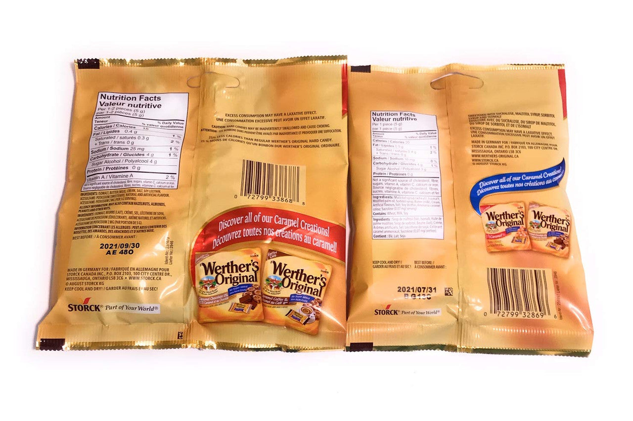 Werther's Variety Sugar Free Caramels, 1 Caramel Hard Candies 70g & 1 Chewy Caramels 60g