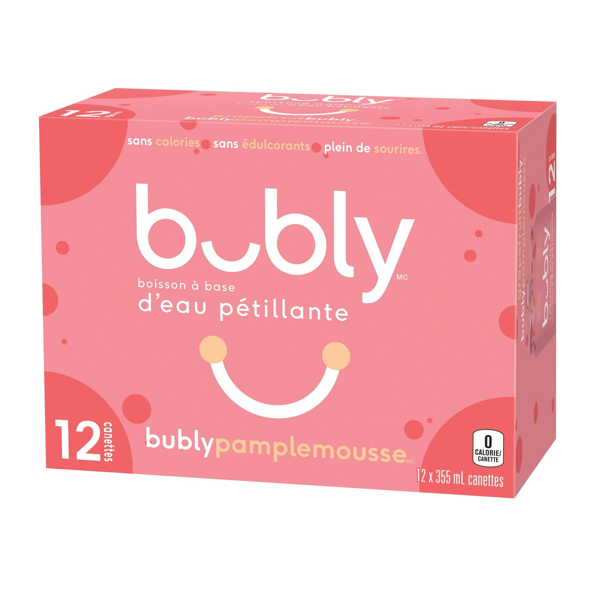 Front of Bubly Grapefruit Sparkling Water Beverage, 12x355ml cans, 4.26L/144 oz in French
