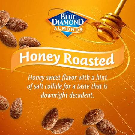 Blue Diamond Honey Roasted almonds advertisement with honey drizzle and text on an orange background.