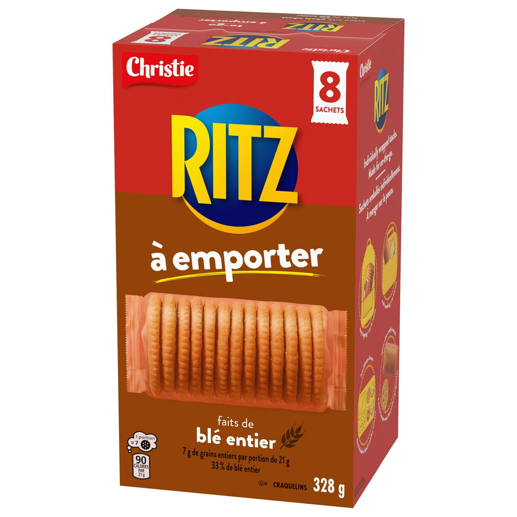 Box of Ritz whole wheat crackers with red and brown design on a white background