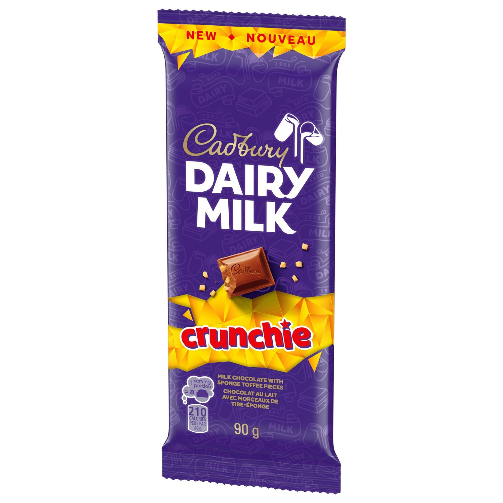 Cadbury Dairy Milk Crunchie chocolate bar packaging on a white background