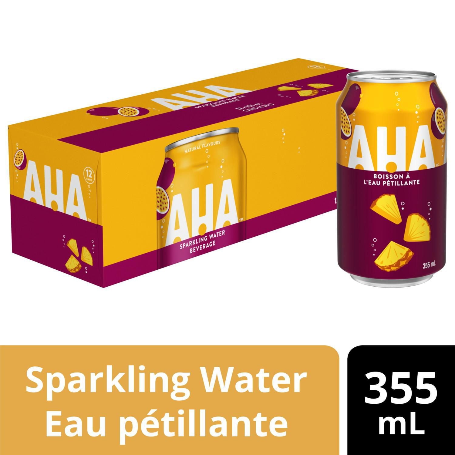 AHA sparkling water pineapple & passionfruit can and box on a white background