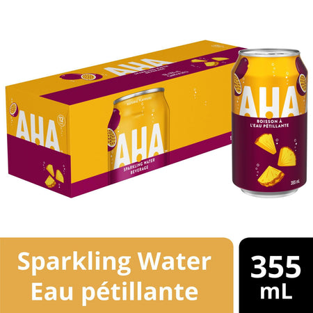 AHA sparkling water pineapple & passionfruit can and box on a white background