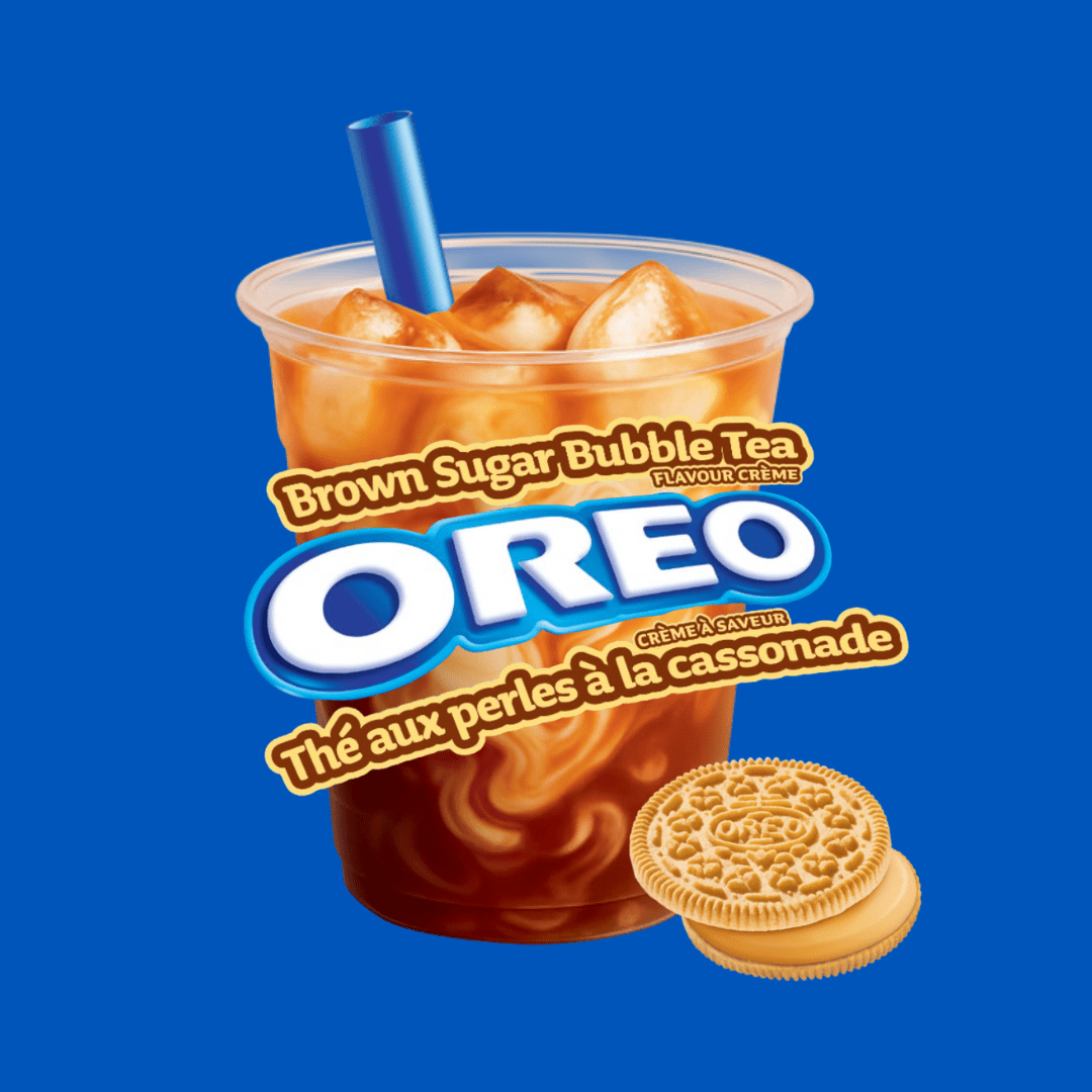 OREO Brown Sugar Bubble Tea with a cookie on a blue background
