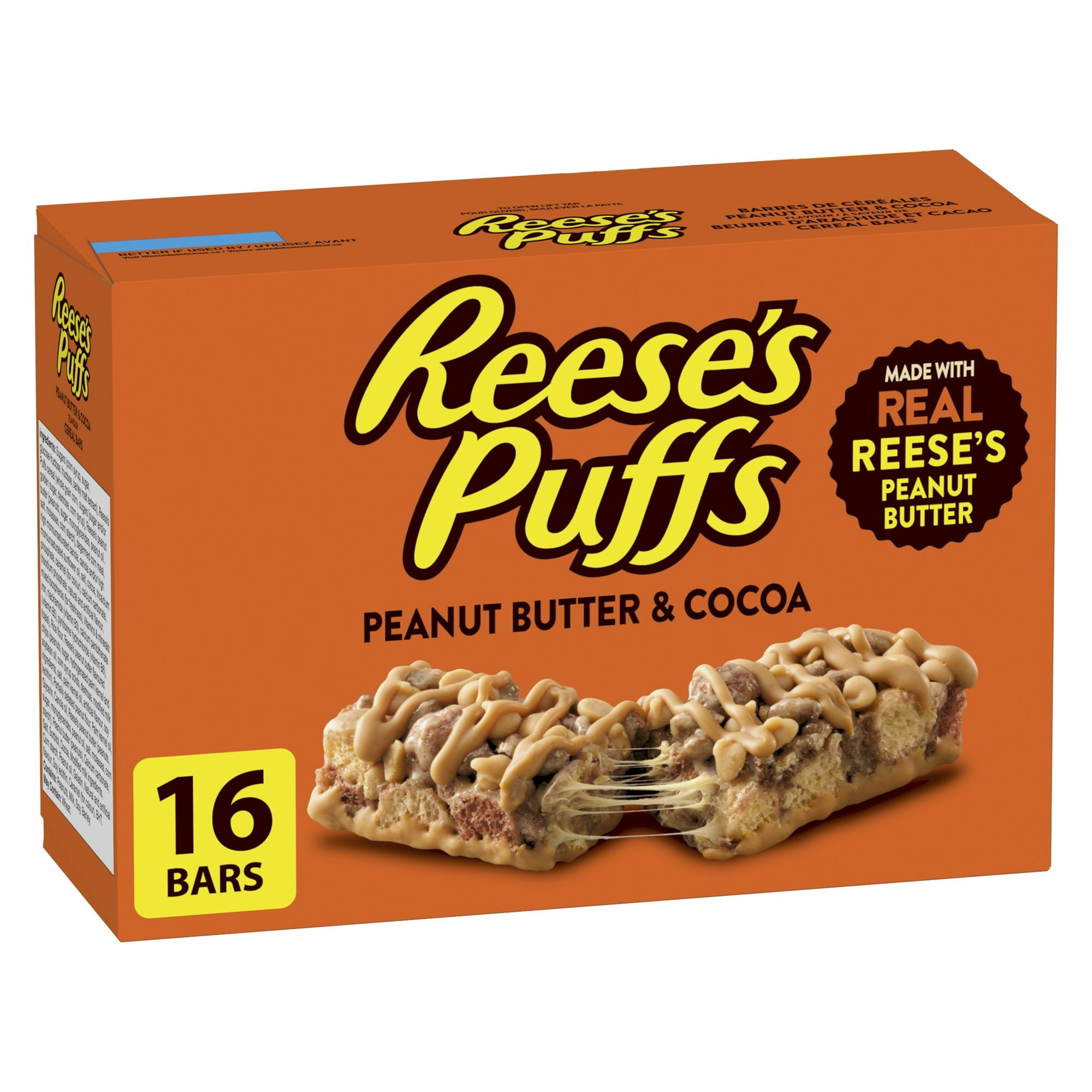 Reese's Puffs Peanut Butter & Cocoa Flavor Cereal Bars, Pack of 16 Bars, 385g/13.6 oz., Box, front of box