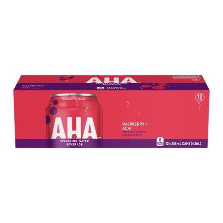 Box of AHA Raspberry Acai sparkling water beverage on a white background