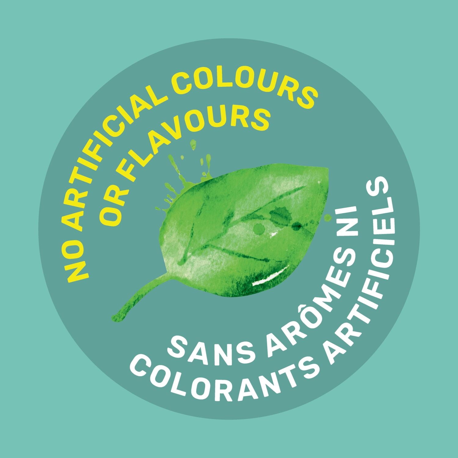 Certification label no artificial colors or flavors for natural products with a green leaf on a teal backgrounds 