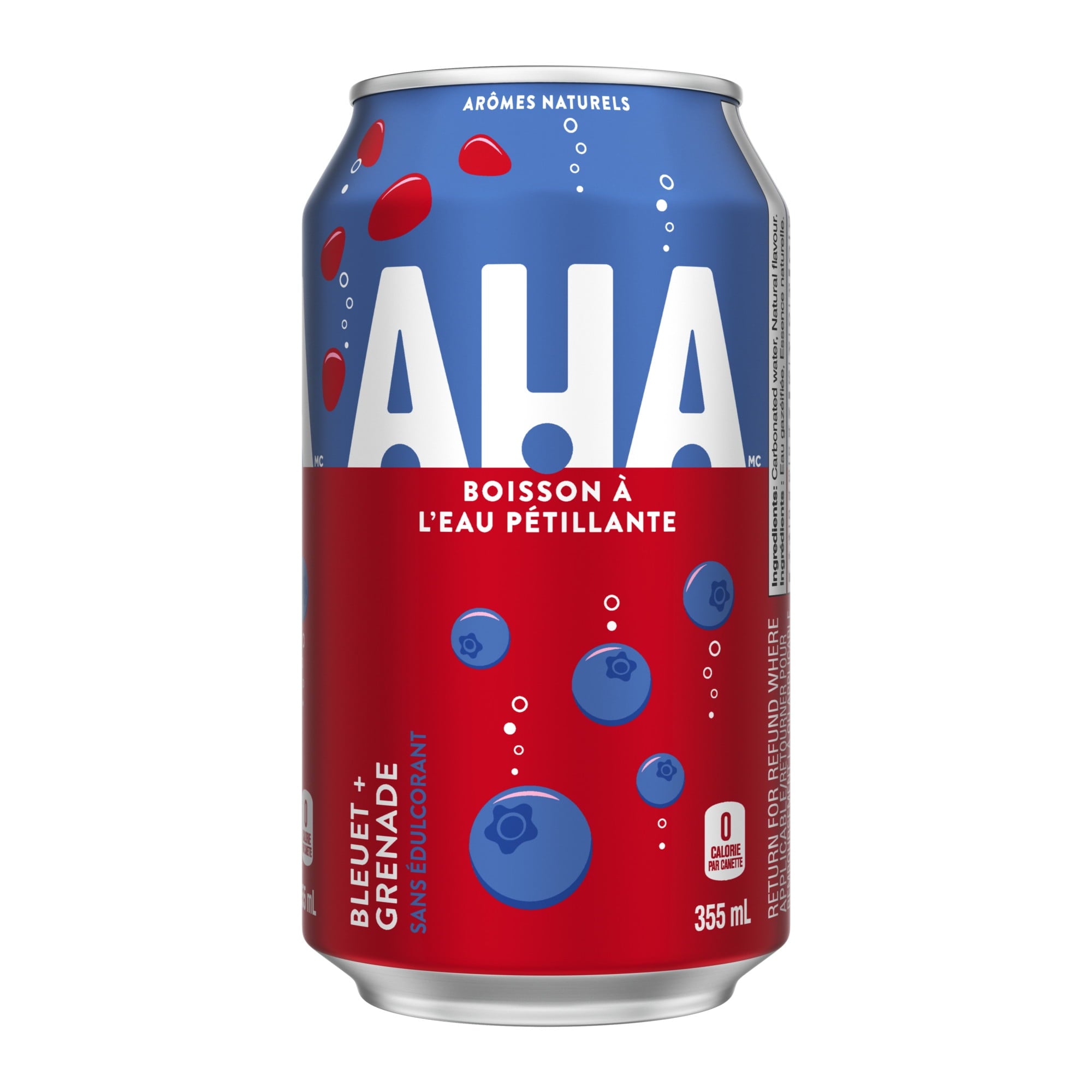 AHA sparkling water can with blue and red design on a white background