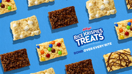 Rice Krispies Treats with various flavors on a blue background, featuring the Kellogg's logo.