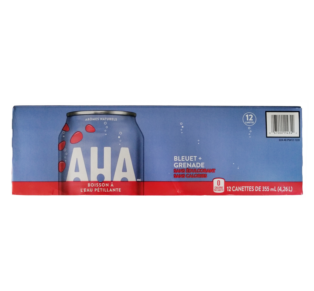 Packaging of AHA sparkling water with blue and red design on a white background