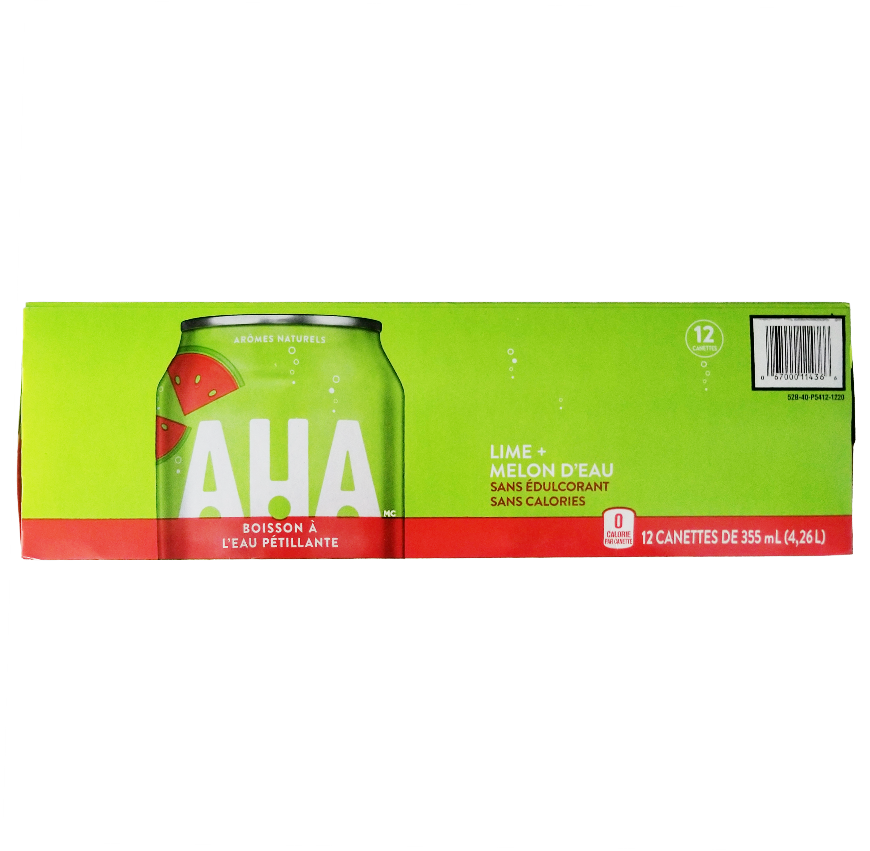 Packaging of AHA lime watermelon flavored drinks with green can and green box on a white background