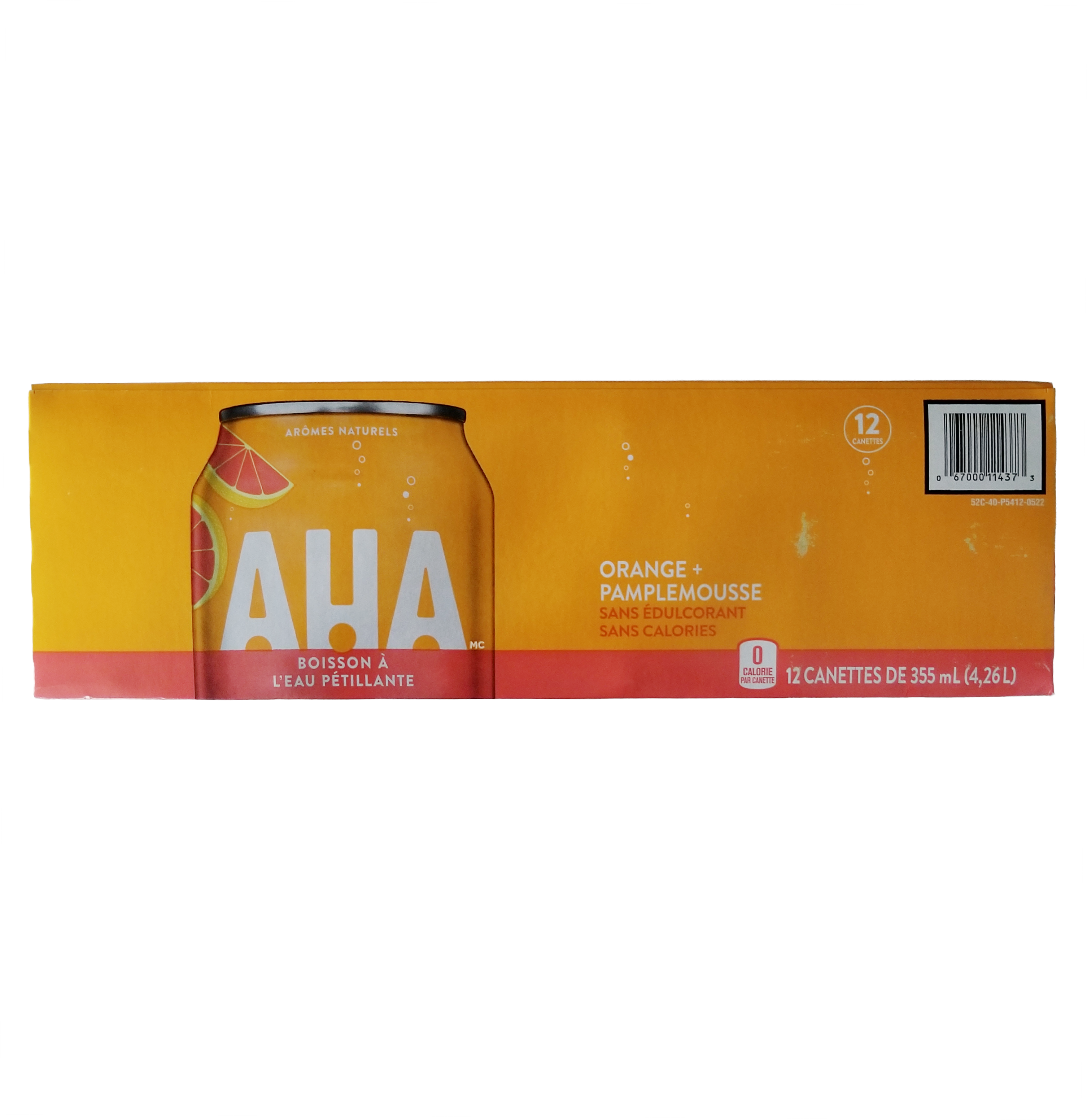 Box of AHA orange and grapefruit sparkling water on a white background