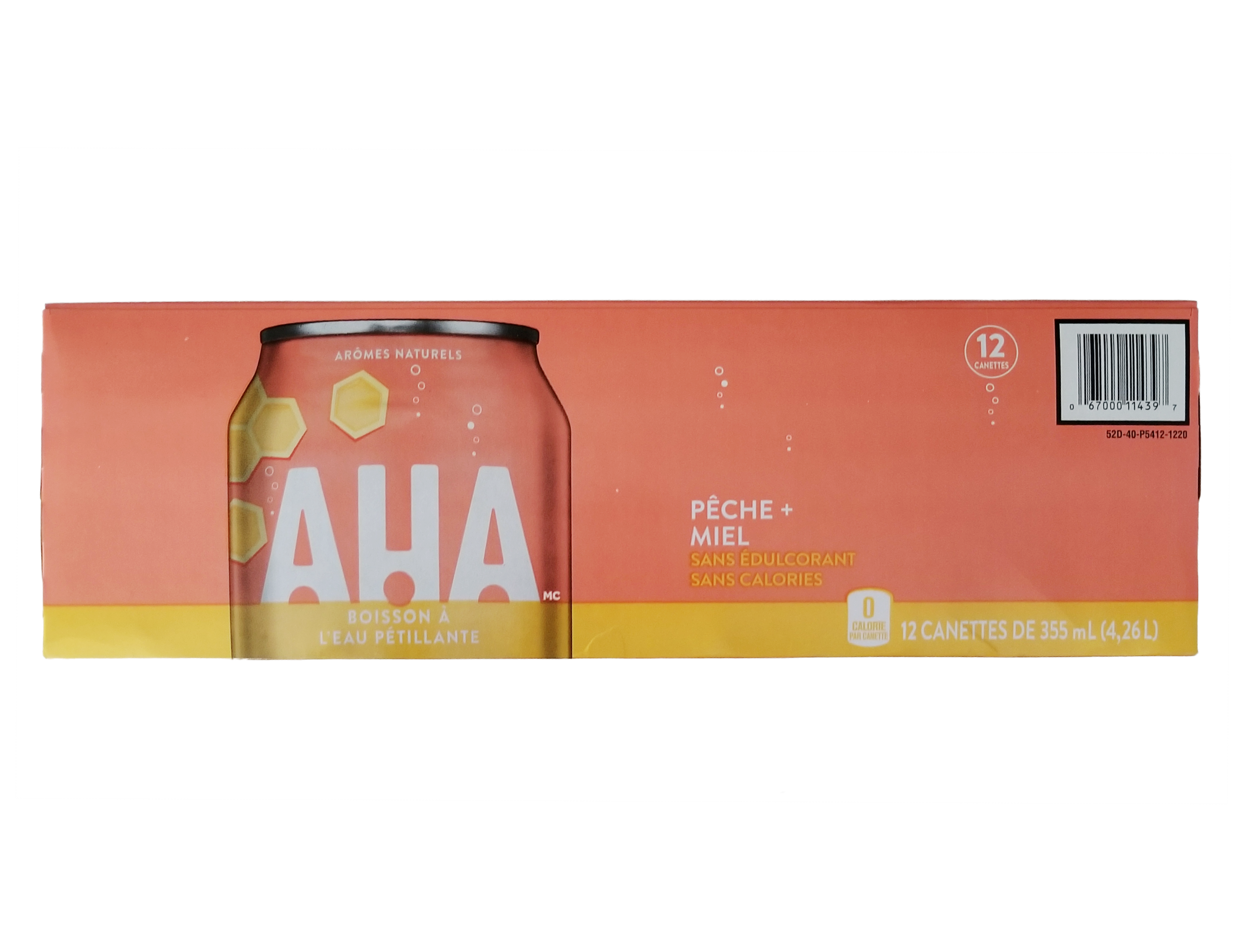 Box of AHA cans with a can on a white background