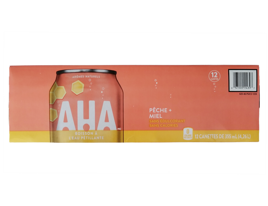 Box of AHA cans with a can on a white background