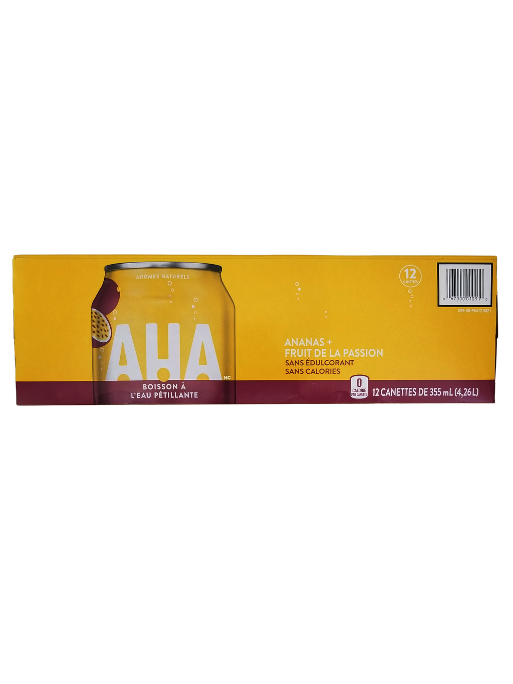 Box of AHA Sparkling Water Beverage, Pineapple & Passionfruit Flavor, Unsweetened, 12x355ml with a yellow background