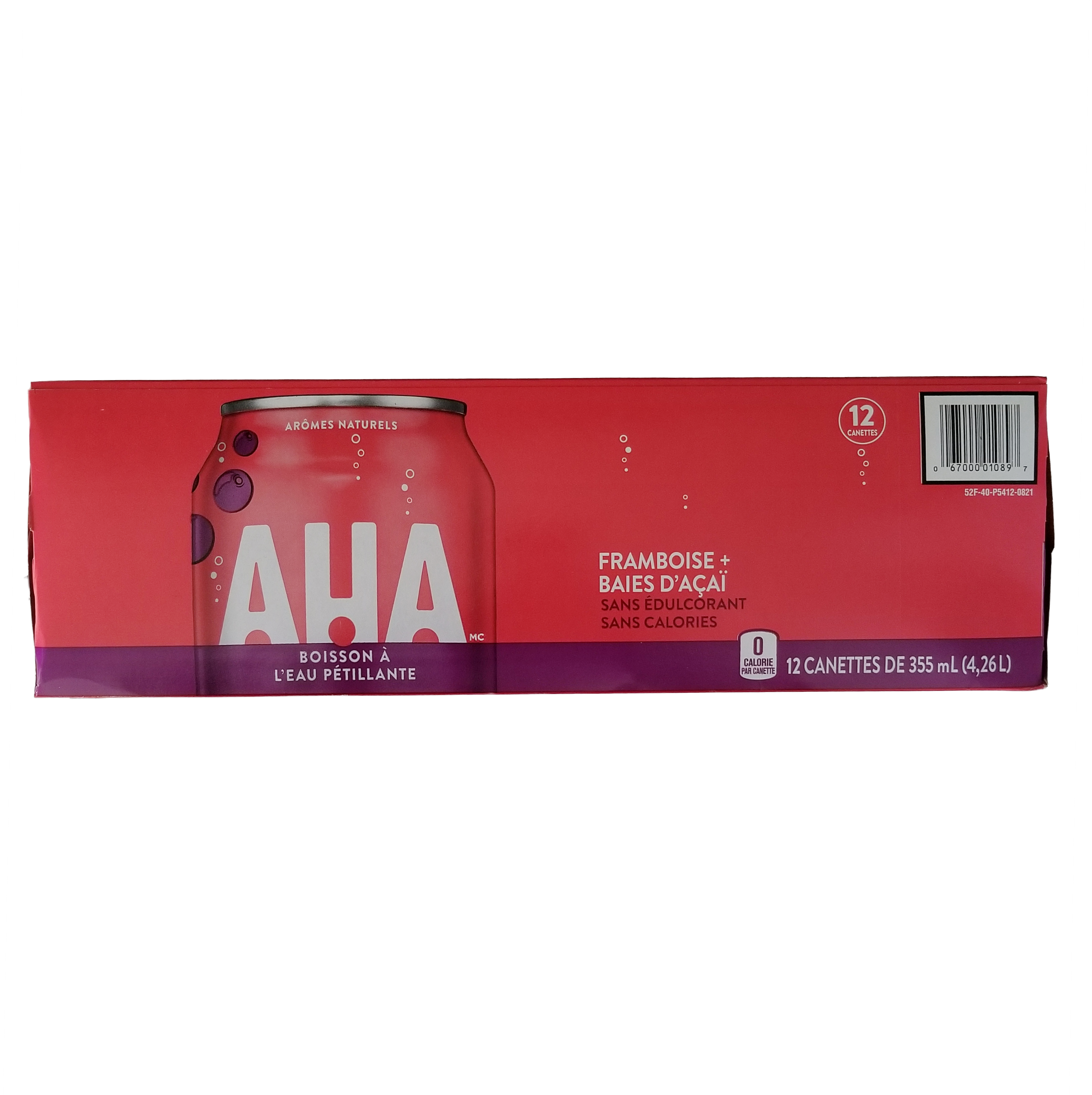 Red packaging of AHA sparkling water with a can on a white background