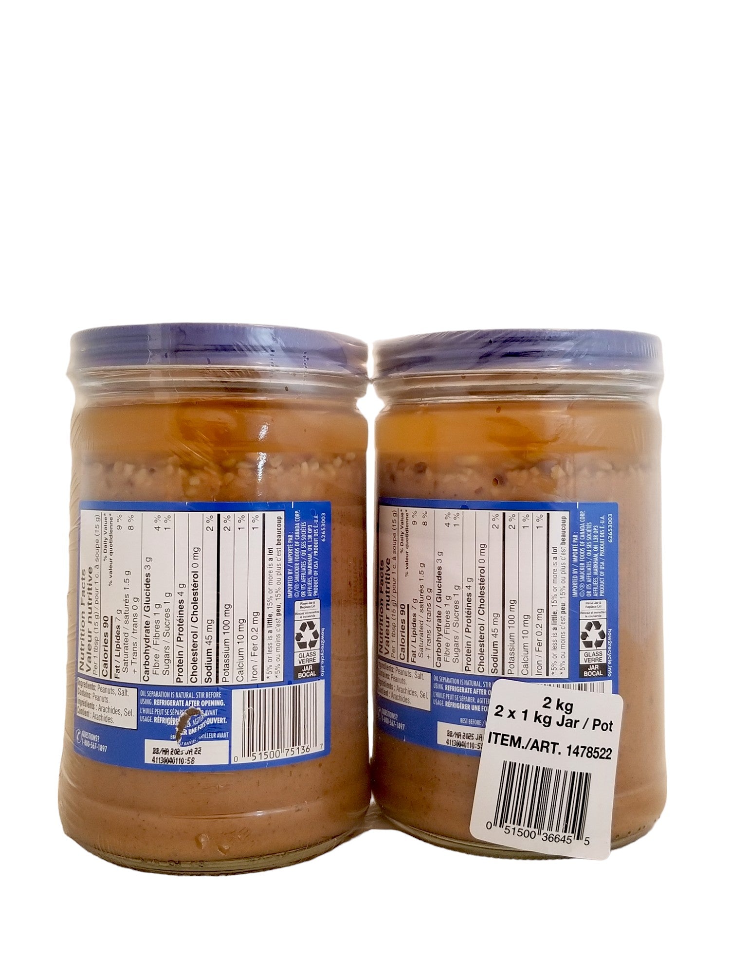 Adams 100% Natural Crunchy Peanut Butter, 2 Pack, 2x1kg/70.5 oz. Package, back of package.