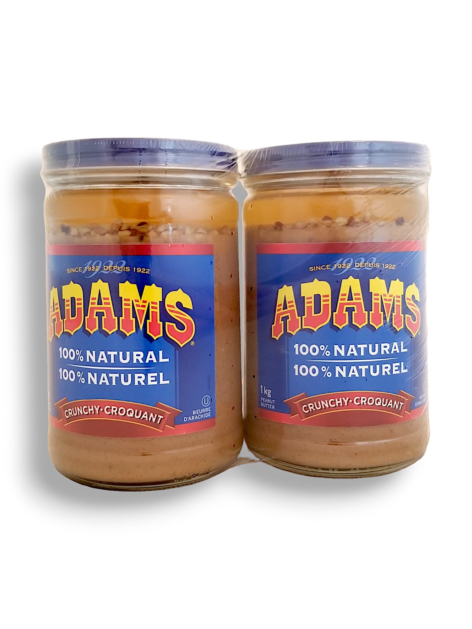 Adams 100% Natural Crunchy Peanut Butter, 2 Pack, 2x1kg/70.5 oz. Package, front of Package.