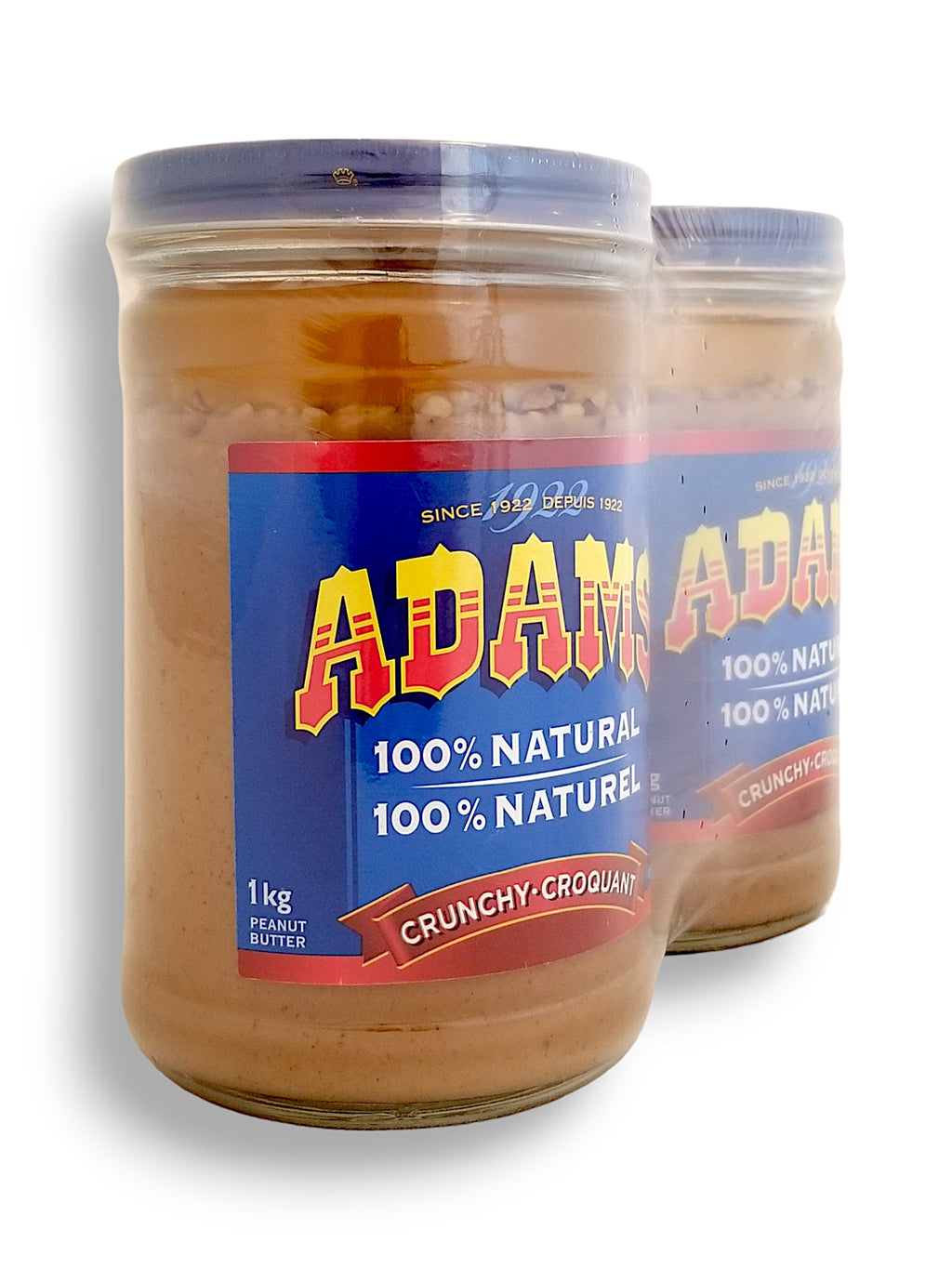 Adams 100% Natural Crunchy Peanut Butter, 2 Pack, 2x1kg/70.5 oz. Package, side of package.