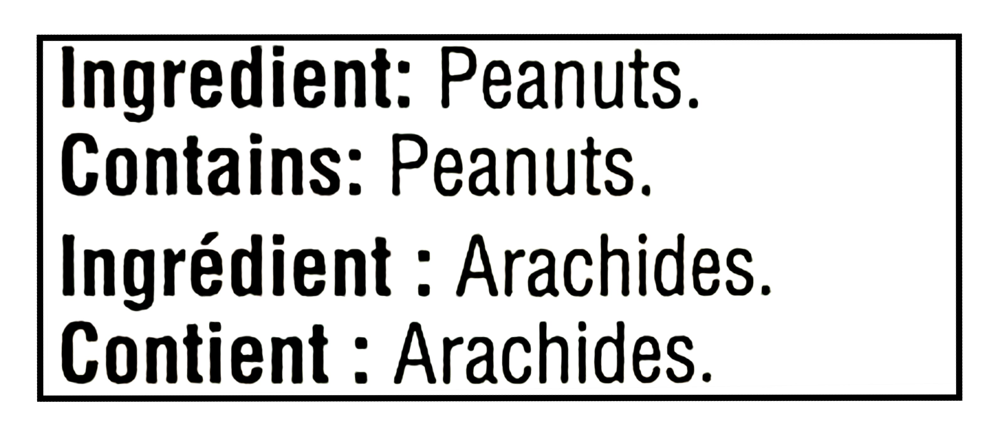 Allergen warning label for Adams 100% Natural Crunchy, UNSALTED Peanut Butter indicating the presence of peanuts in multiple languages.