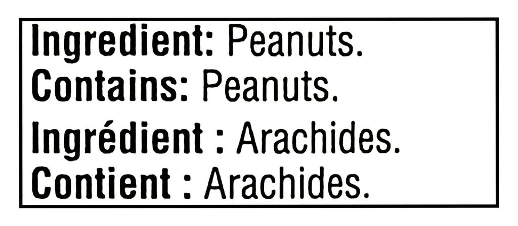 Allergen warning label for Adams 100% Natural Crunchy, UNSALTED Peanut Butter indicating the presence of peanuts in multiple languages.