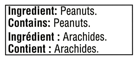 Allergen warning label for Adams 100% Natural Crunchy, UNSALTED Peanut Butter indicating the presence of peanuts in multiple languages.