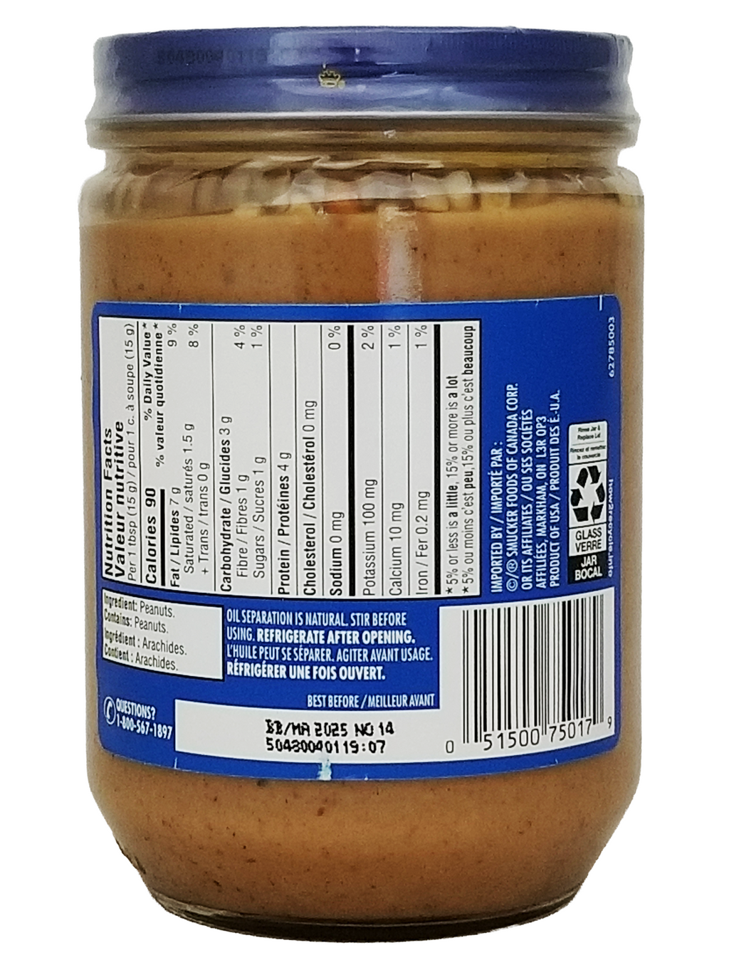 Jar of Adams 100% Natural Crunchy, UNSALTED Peanut Butter with a blue label showing nutritional information and ingredients.