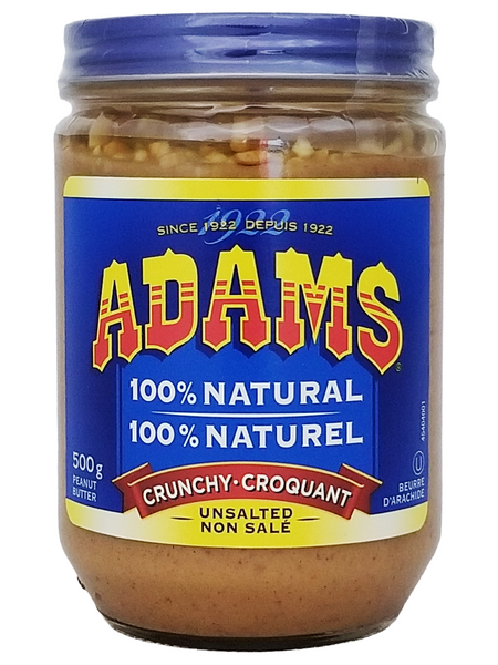 Jar of unsalted Adams crunchy peanut butter with blue lid and label.