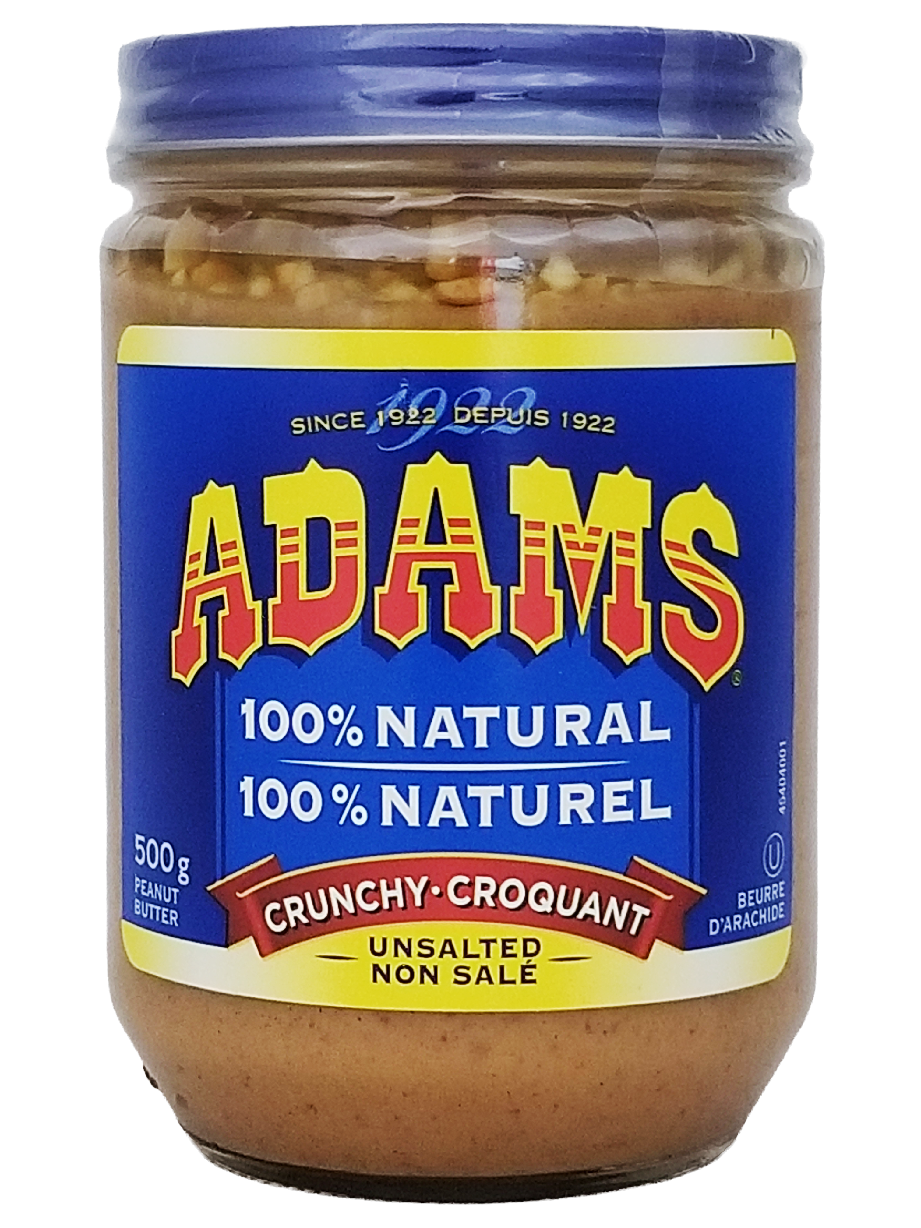 Jar of unsalted Adams crunchy peanut butter with blue lid and label.
