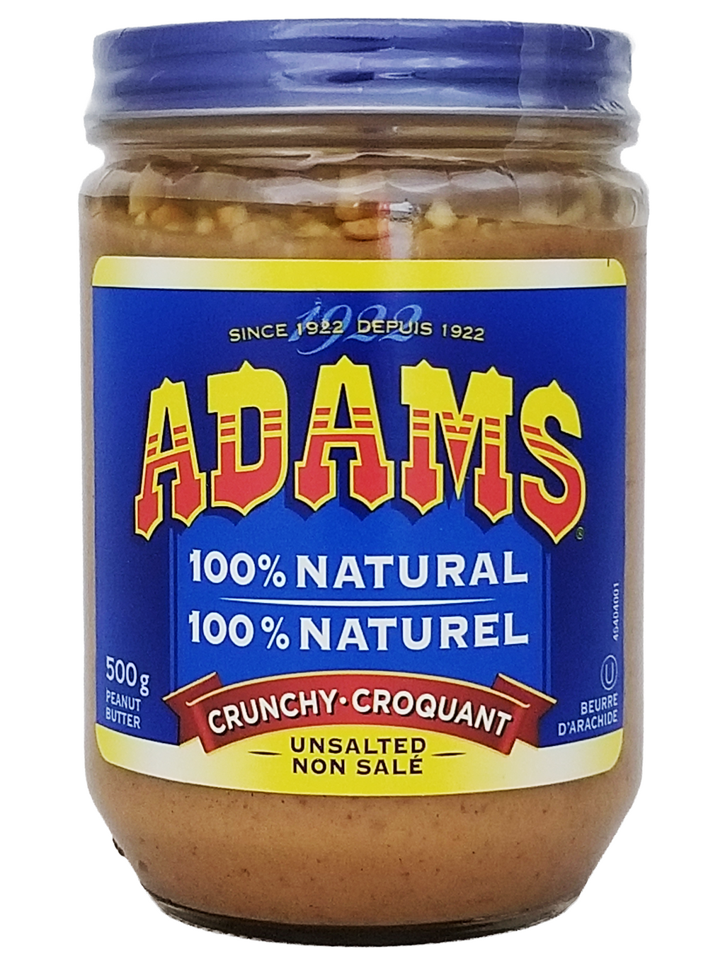 Jar of unsalted Adams crunchy peanut butter with blue lid and label.