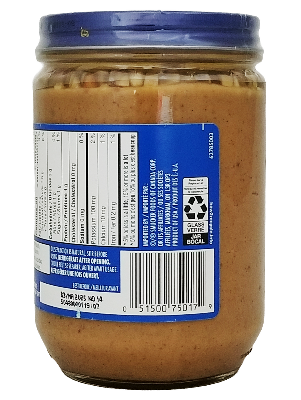 Jar of Adams 100% Natural Crunchy, UNSALTED Peanut Butter with a blue label on a white background