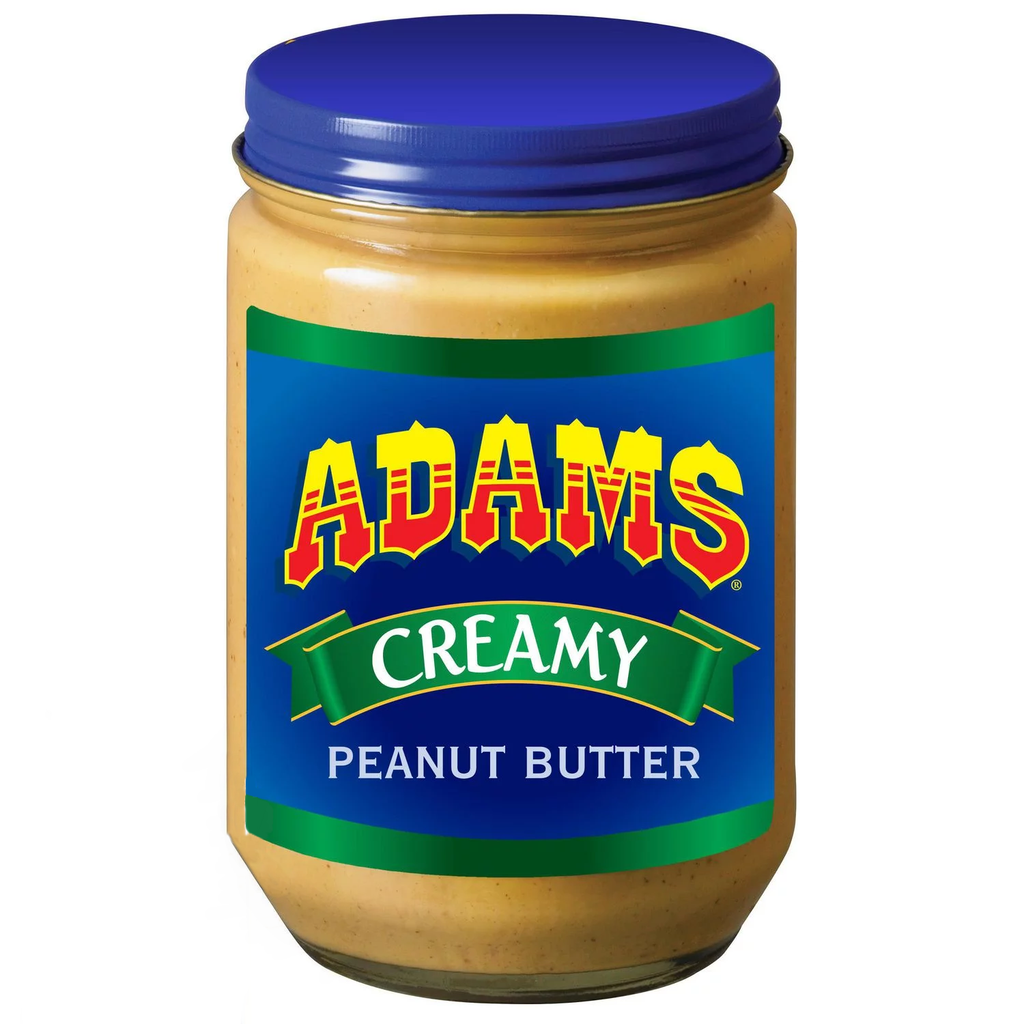 Front of Adams 100% Natural Creamy Peanut Butter, 500g/17.5 oz. Jar