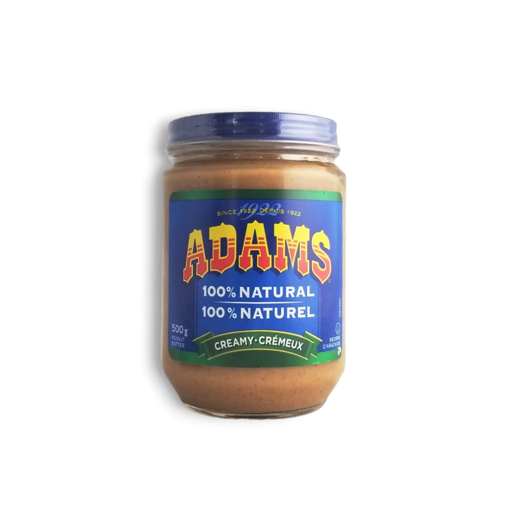 Front of Adams 100% Natural Creamy Peanut Butter, 500g/17.5 oz. Jar