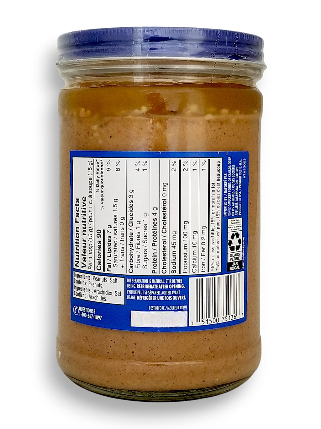 Back of Adams 100% Natural Crunchy Peanut Butter, 1kg/2.2 lb. Jar