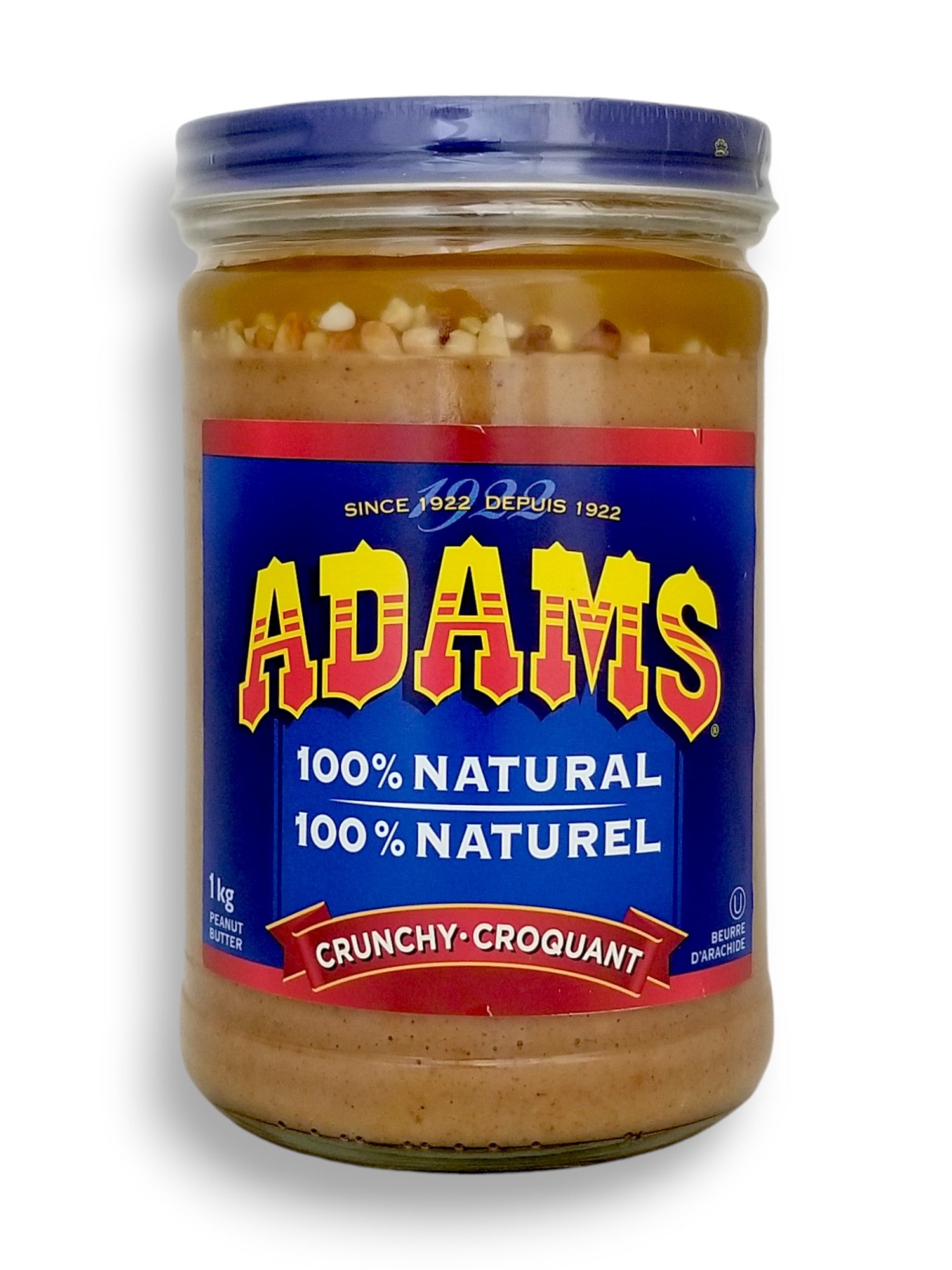 Front of Adams 100% Natural Crunchy Peanut Butter, 1kg/2.2 lb. Jar