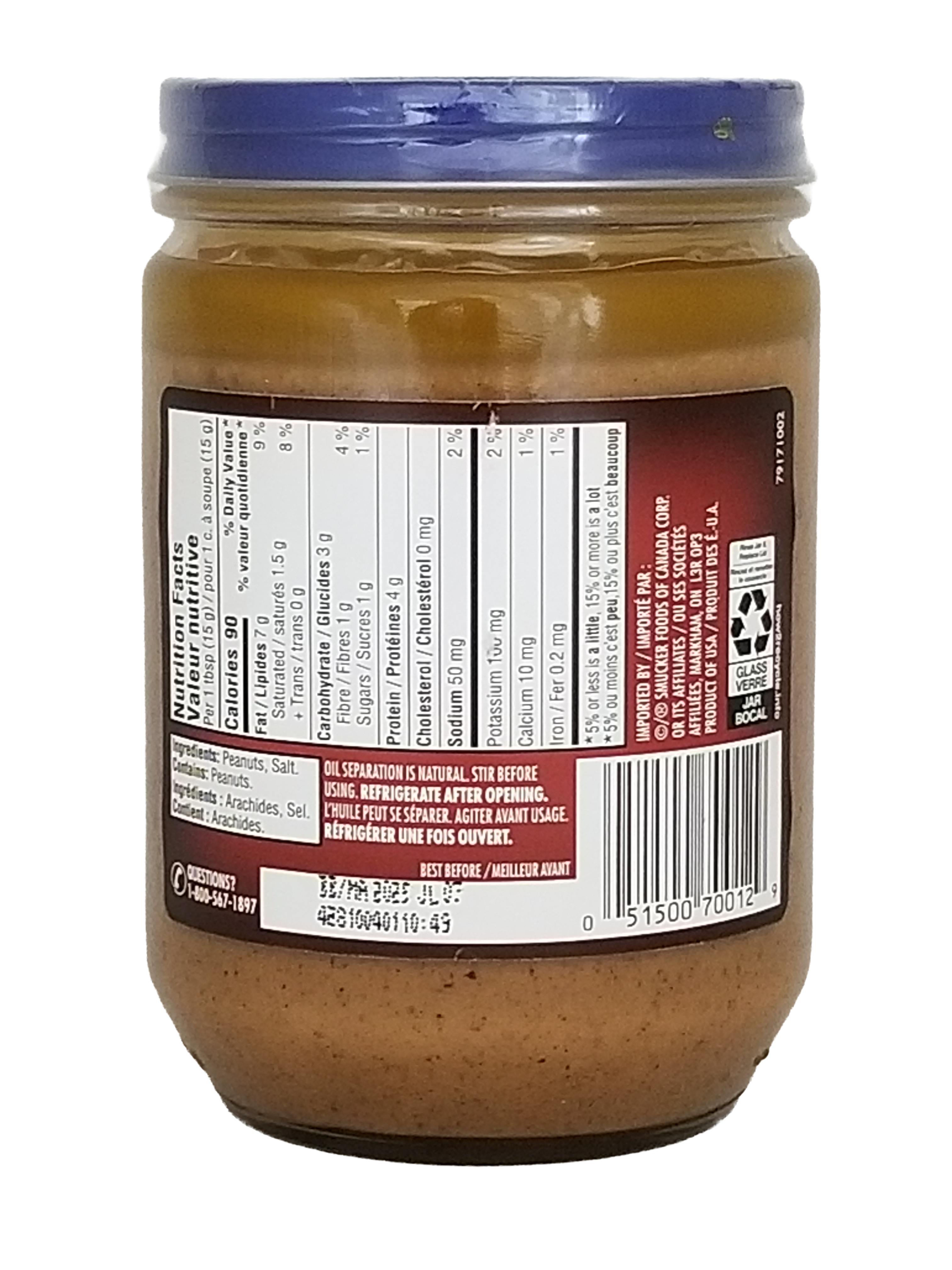 Back of jar of Adams 100% Natural Dark Roast Creamy Peanut Butter, 500g/17.5 oz on a white background