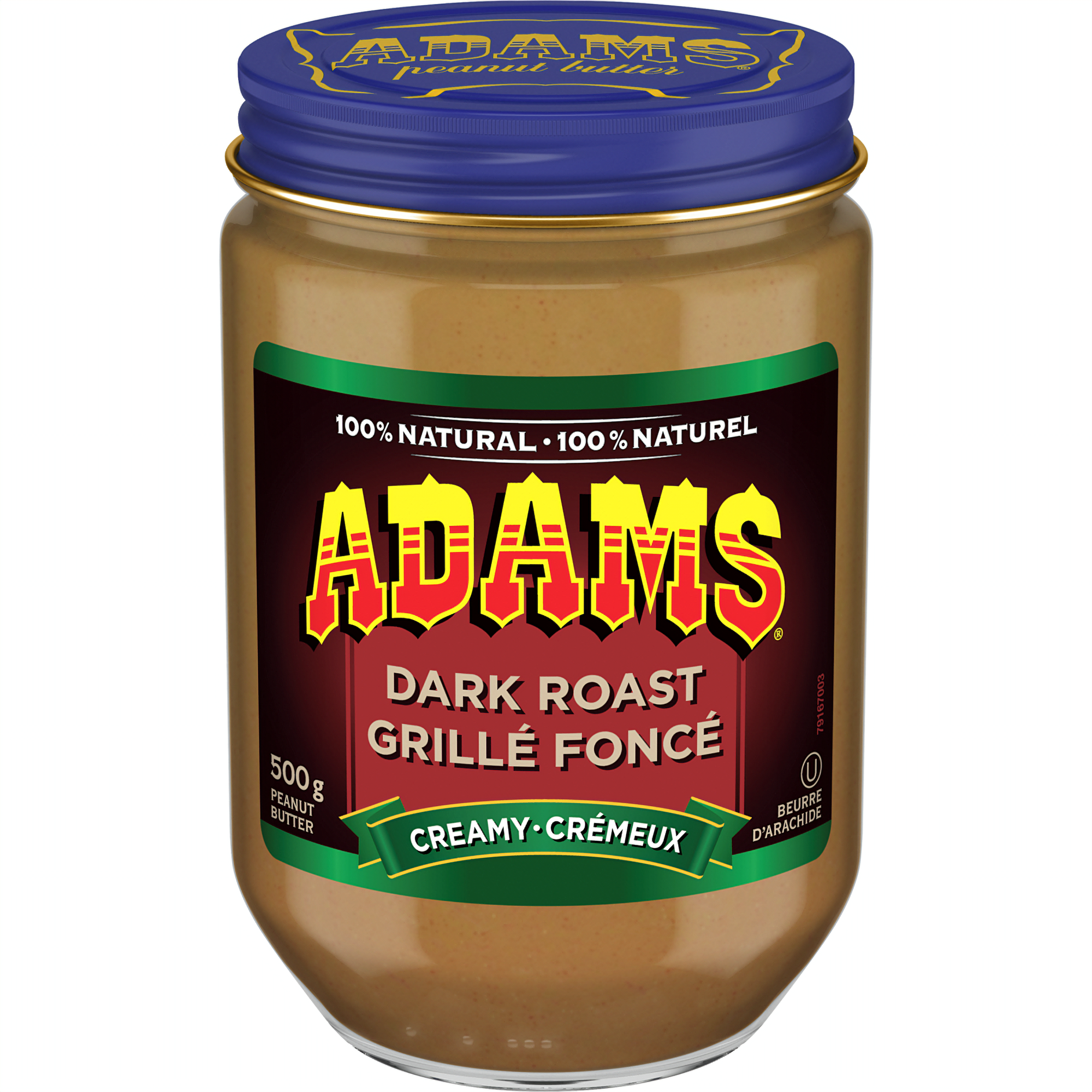 Front of Jar of Adams 100% Natural Dark Roast Creamy Peanut Butter, 500g/17.5 oz