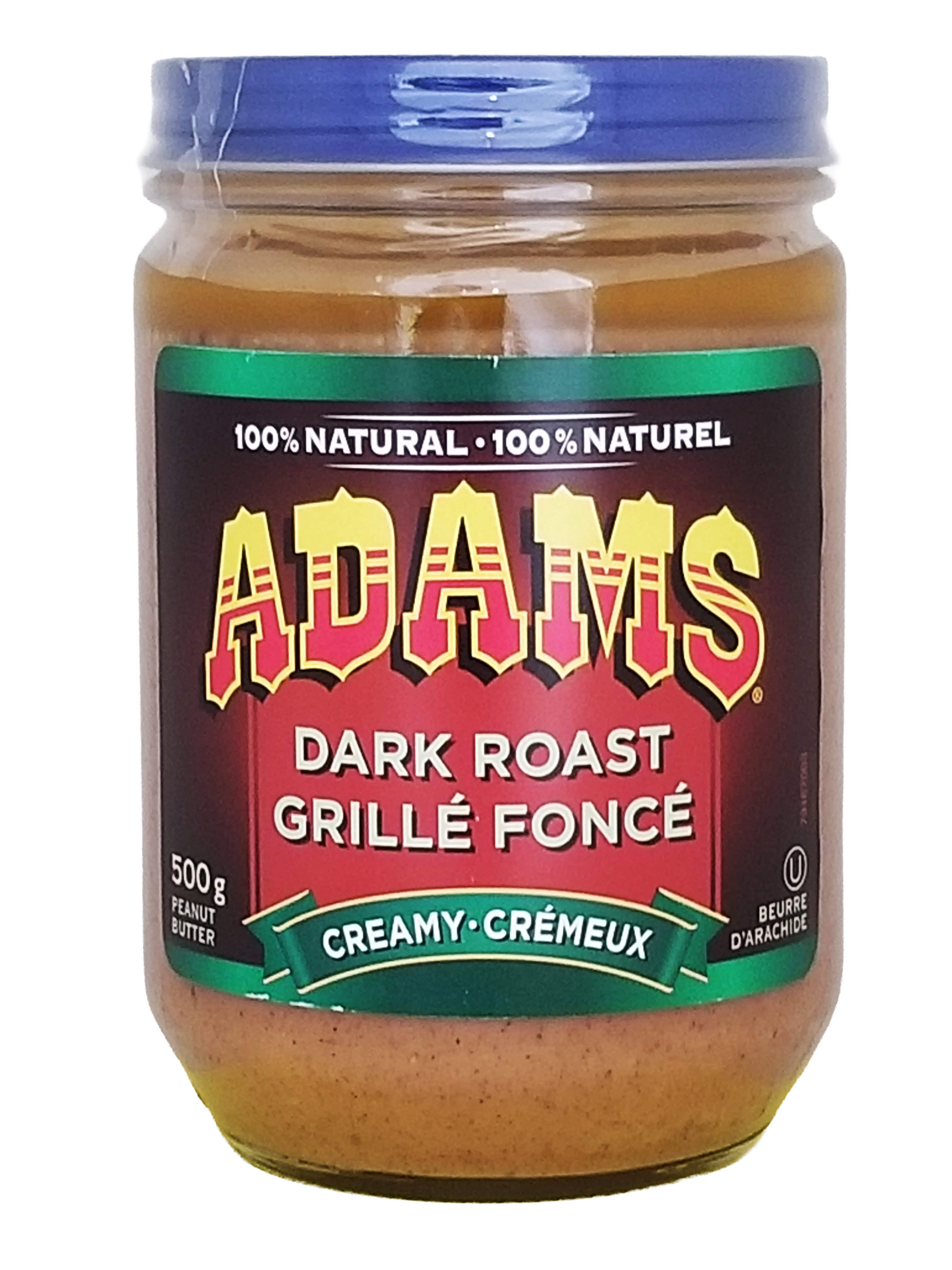 Front of Jar of Adams 100% Natural Dark Roast Creamy Peanut Butter, 500g/17.5 oz on a white background