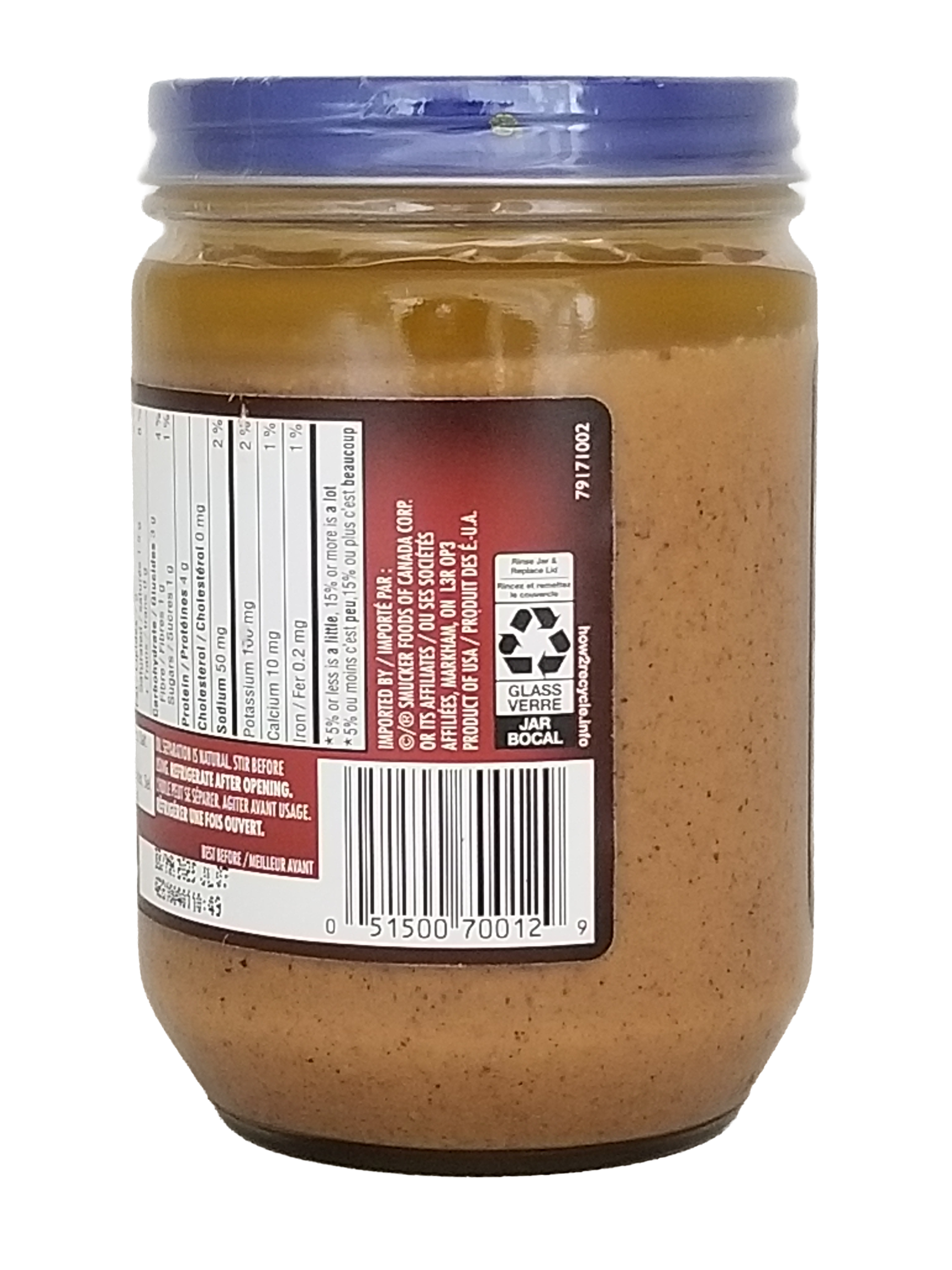 Side of jar of Adams 100% Natural Dark Roast Creamy Peanut Butter, 500g/17.5 oz on a white background