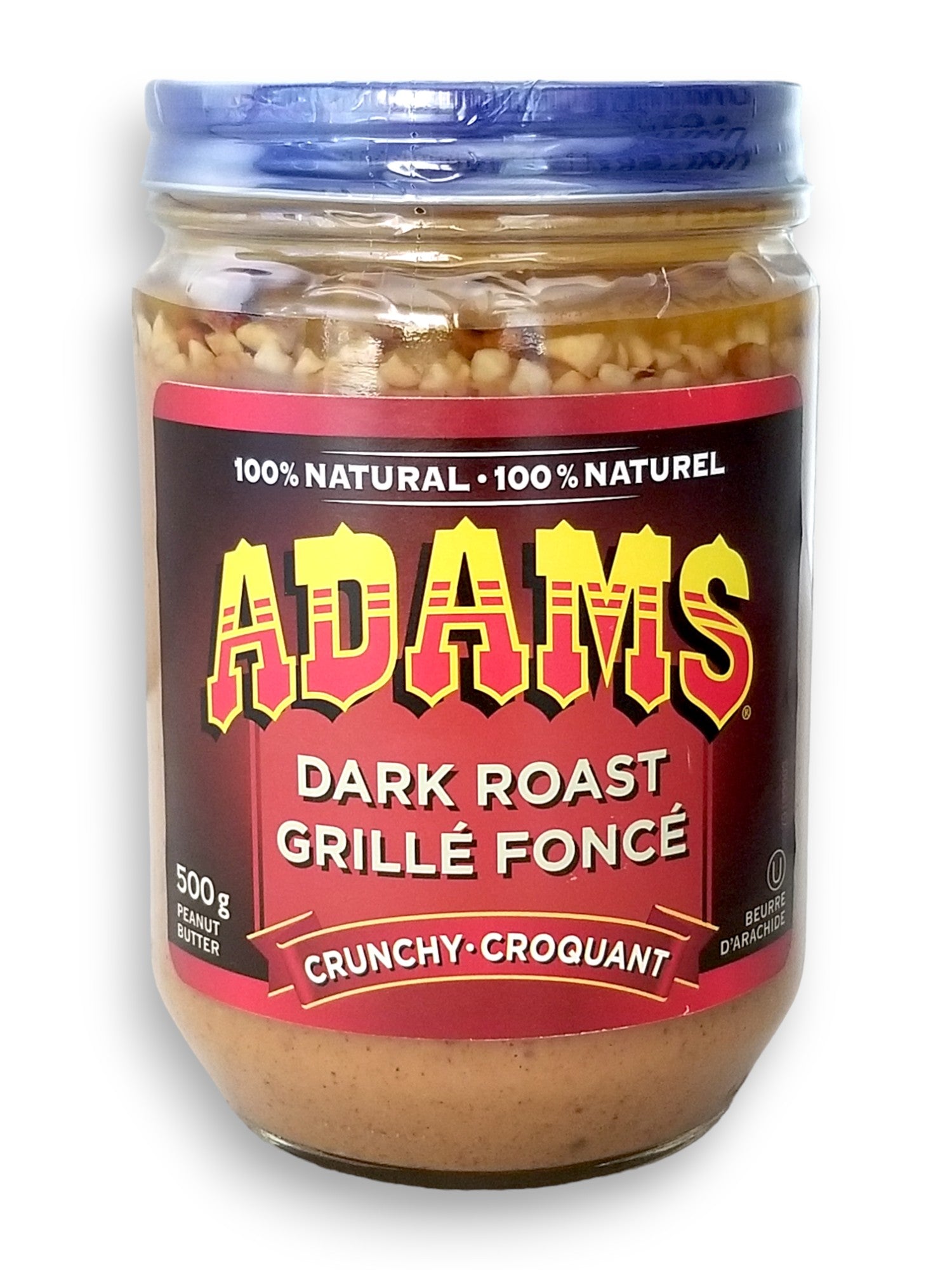 Adams 100% Natural Crunchy Dark Roast Peanut Butter, 500g, front of jar.