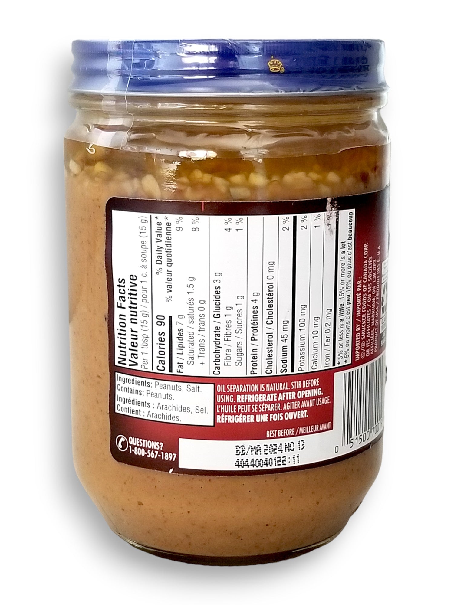 Adams 100% Natural Crunchy Dark Roast Peanut Butter, 500g, side of jar.