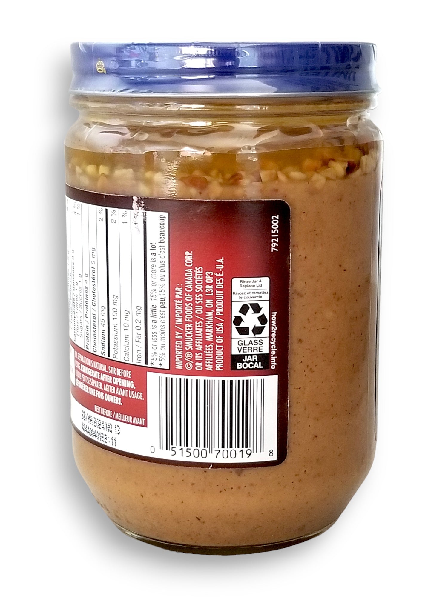 Adams 100% Natural Crunchy Dark Roast Peanut Butter, 500g, back of jar with UPC.