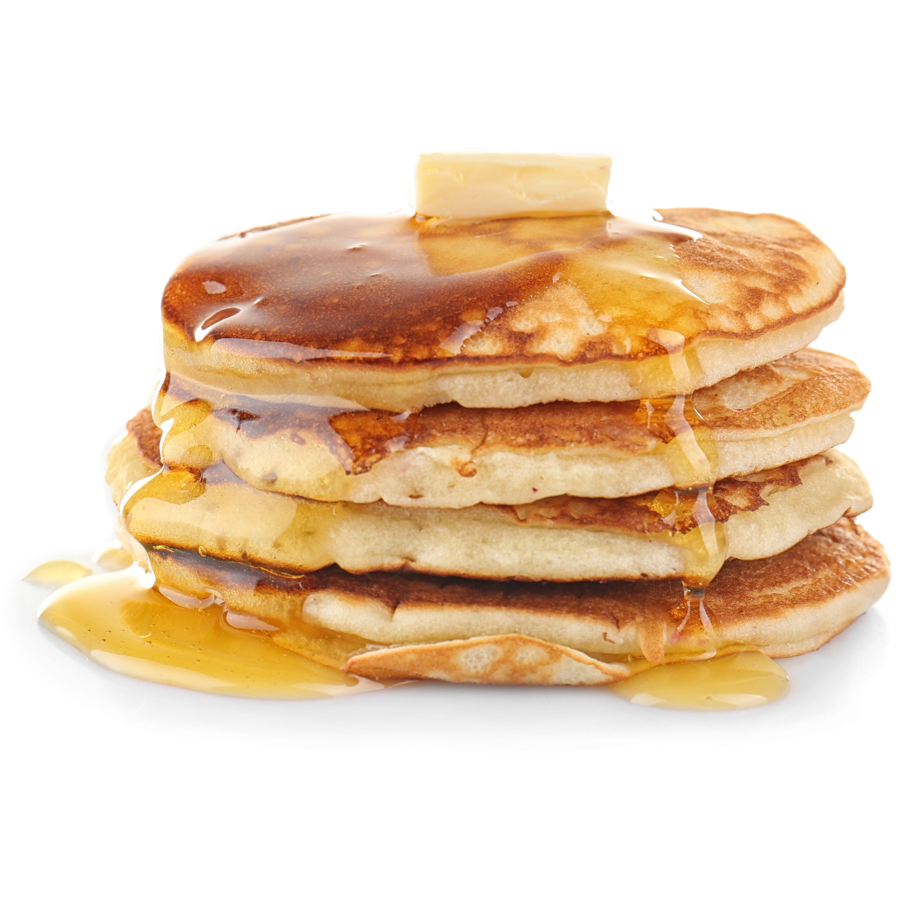 Stack of pancakes with syrup on a white background