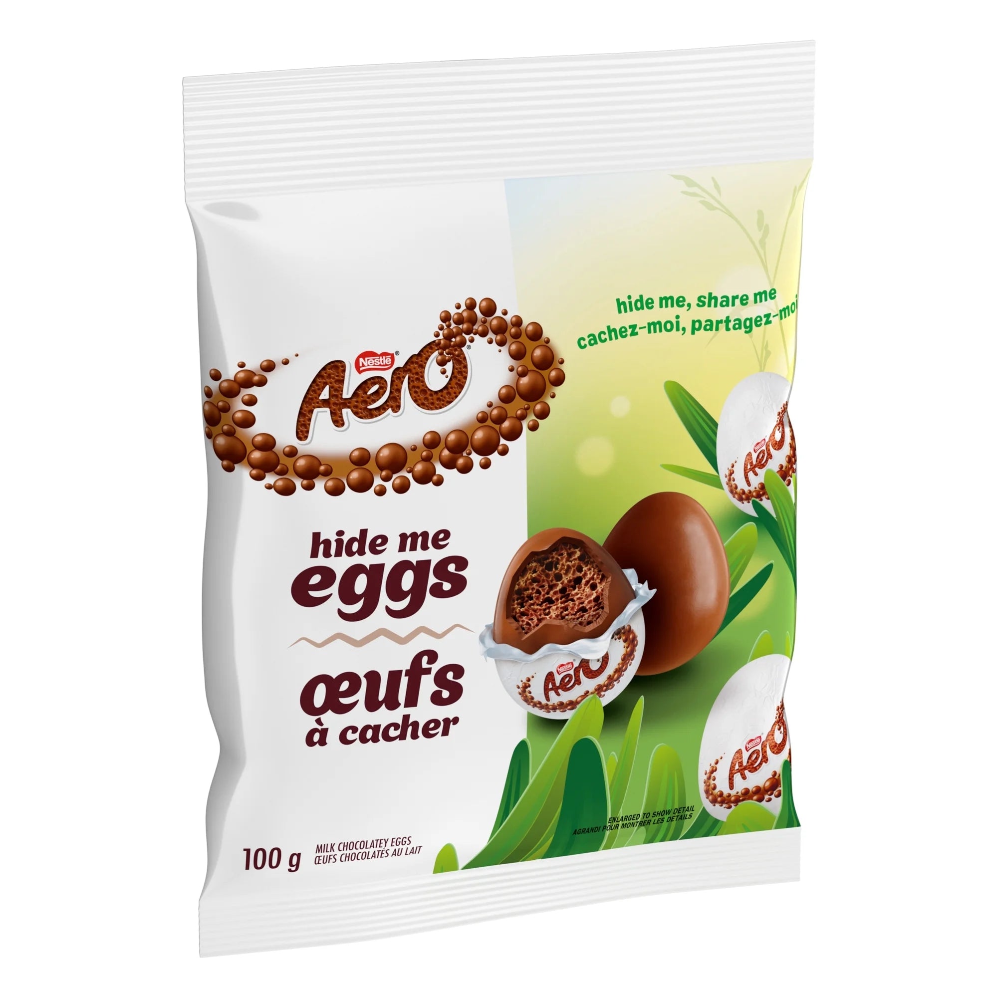 Angle of an Aero chocolate eggs 100g packaging on a white background