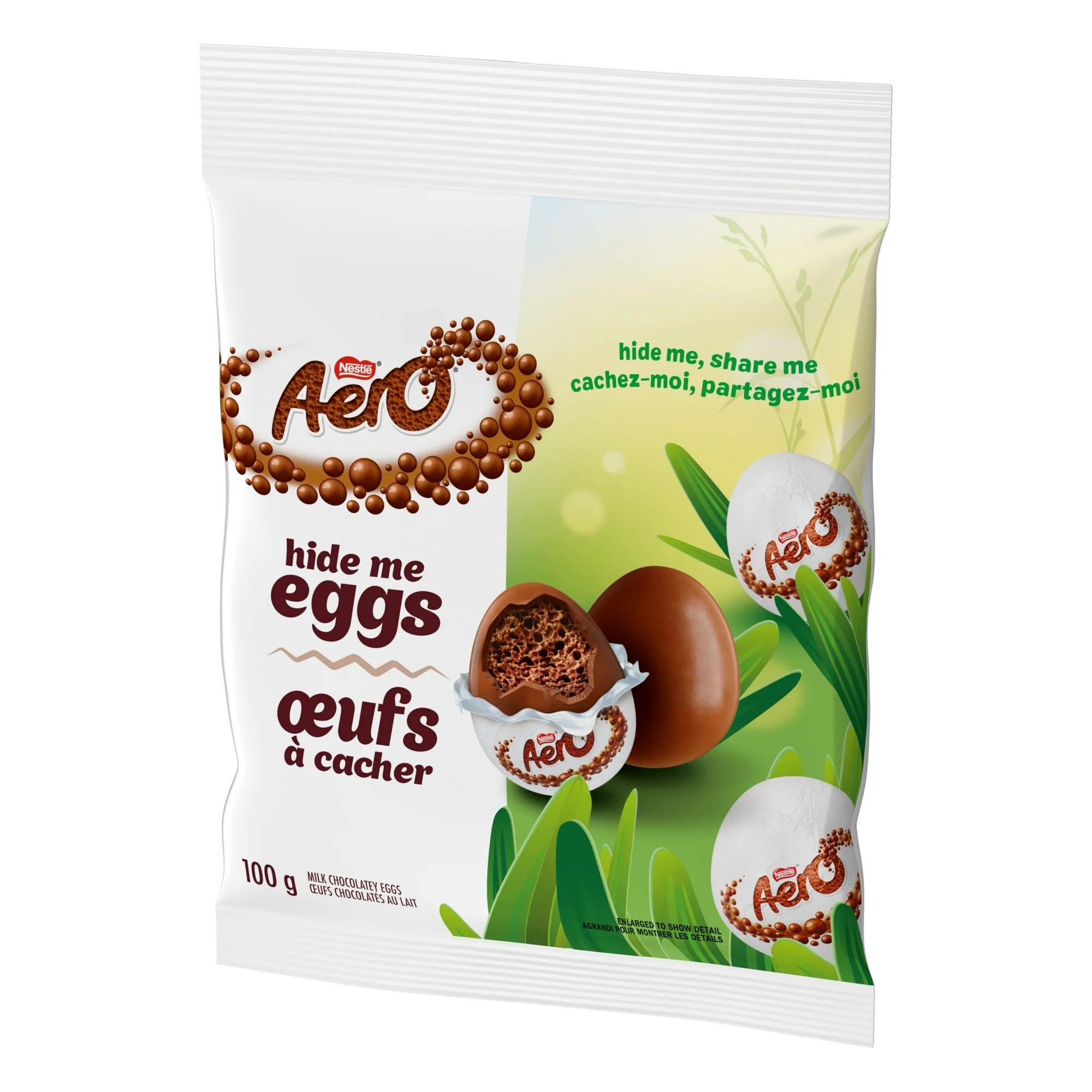 Aero chocolate eggs 100g snack packaging with a green grass background