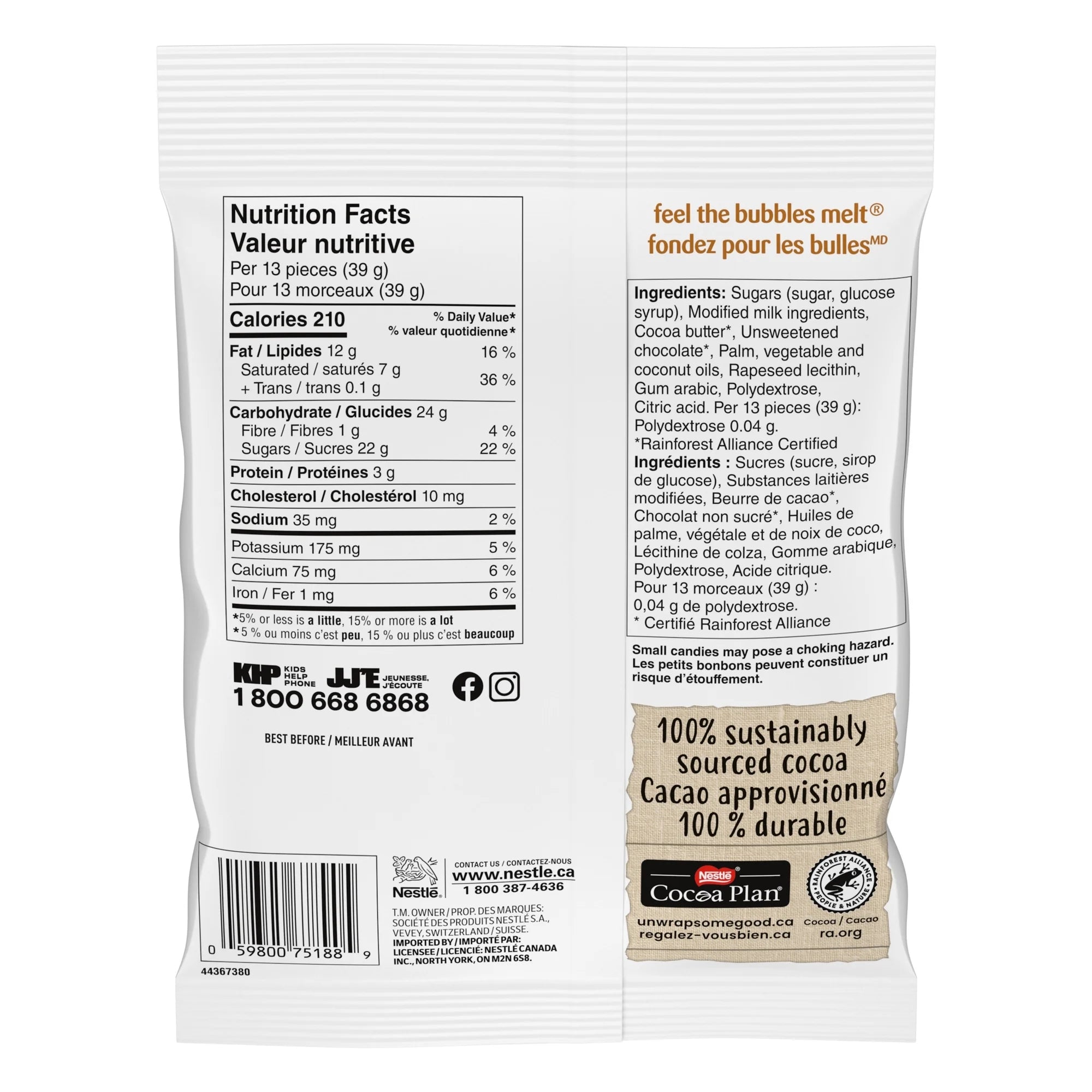 Back of an Aero Hide Me Eggs 100g package with nutritional information and ingredient list on a white background