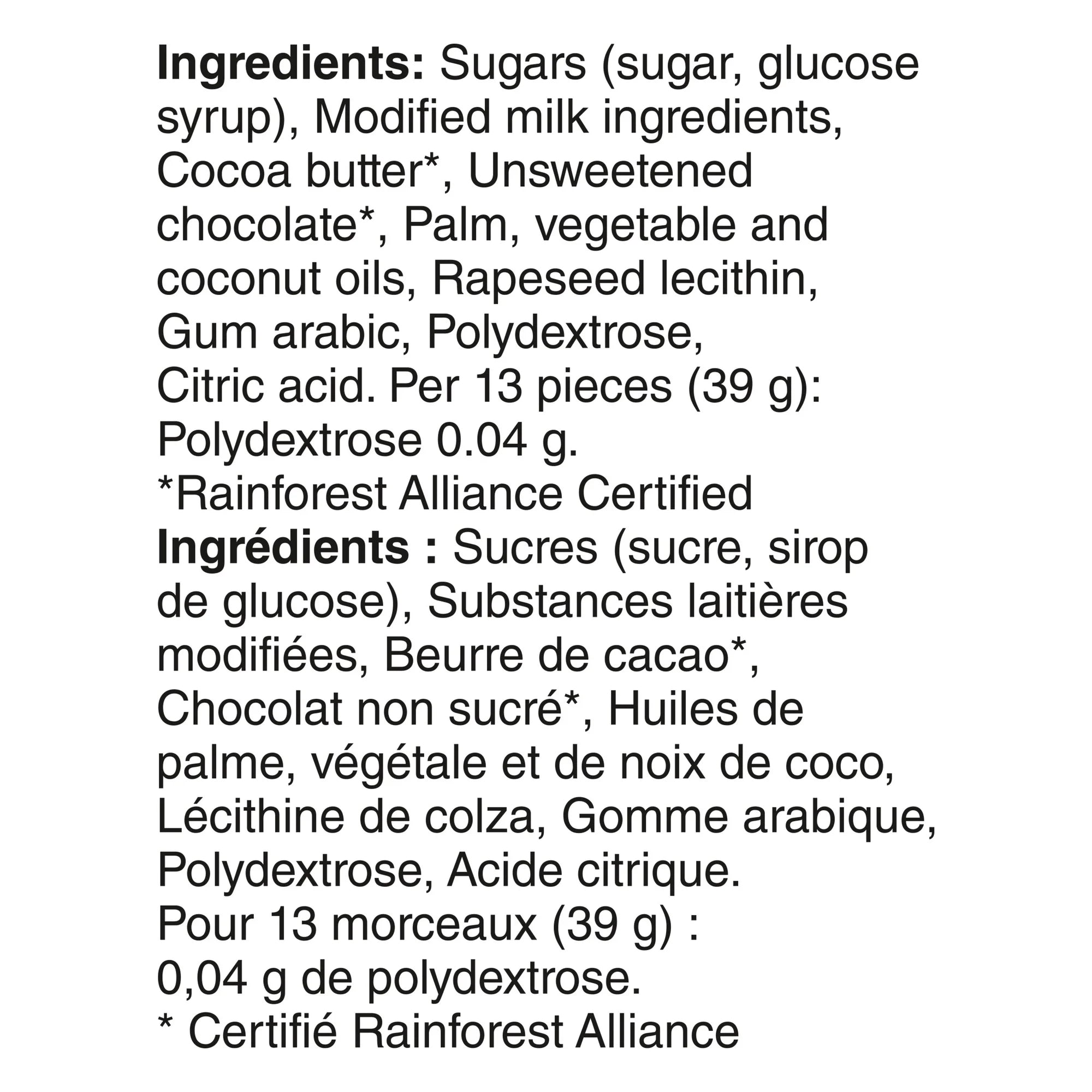 Ingredients list for Nestlé Aero Hide Me Eggs 100g on a white background