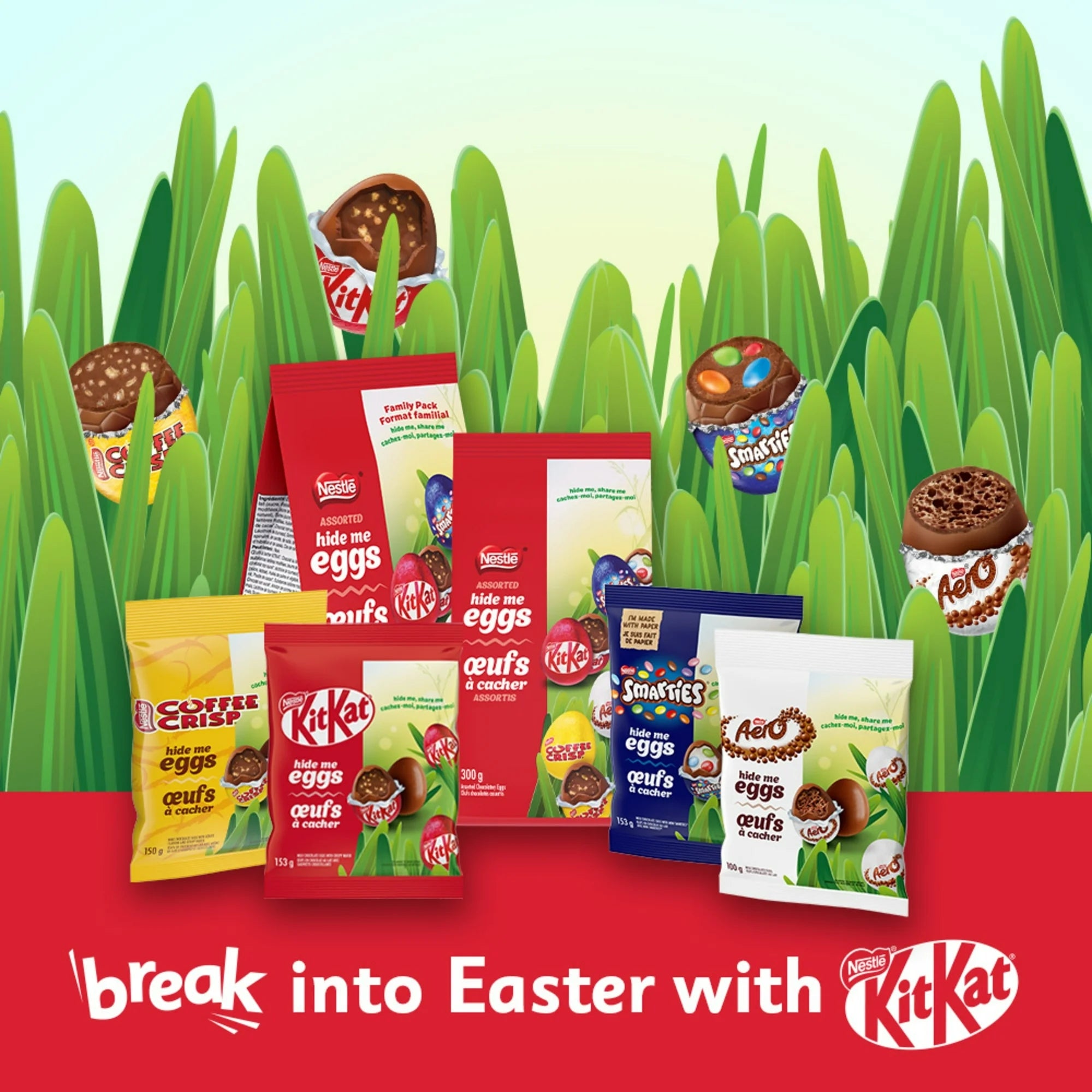 Assorted KitKat Easter egg packages on a grassy background with branding text.
