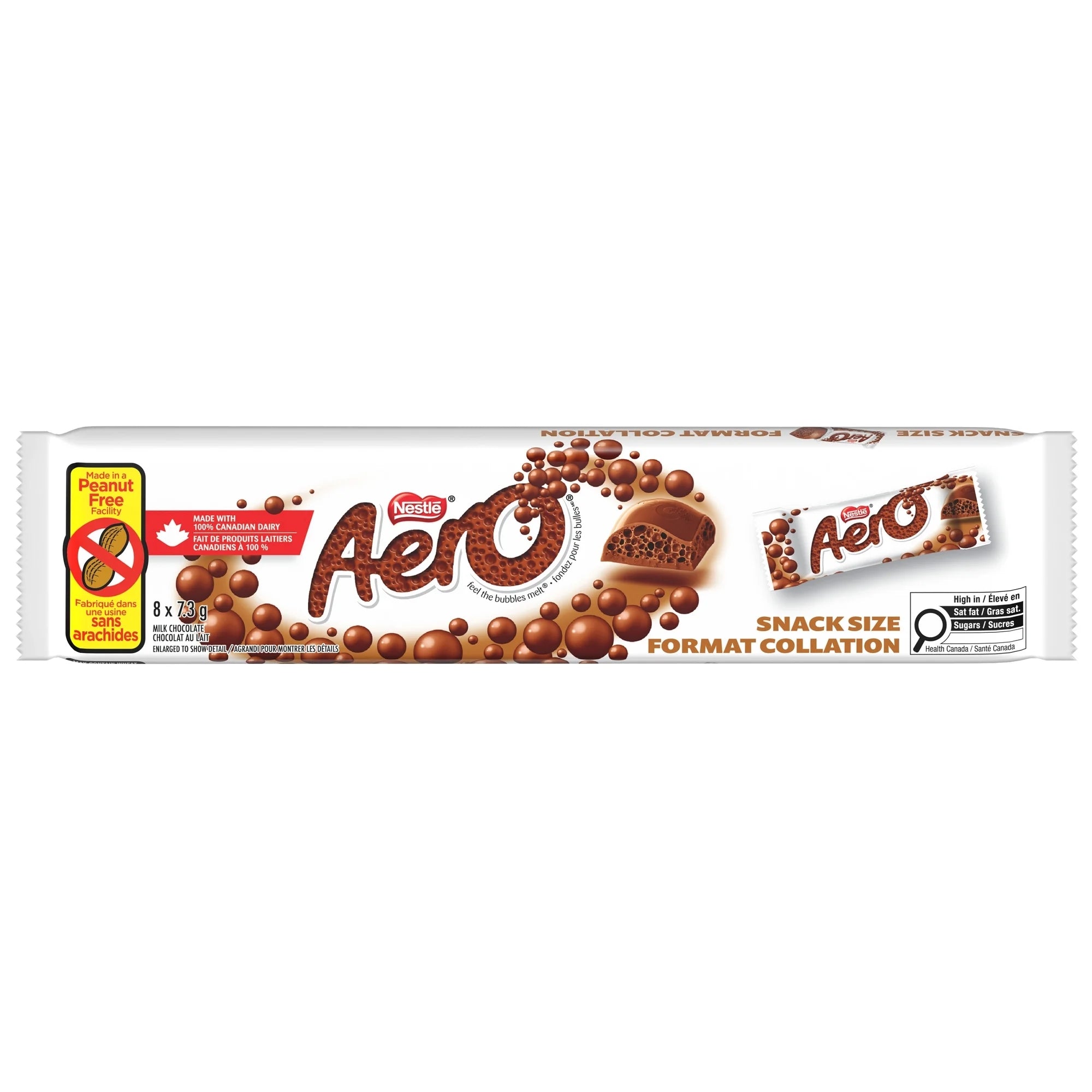 Aero Milk Chocolate Mini Bars, Peanut Free – 8 x 7.3 g (58.4 g / 2.1 oz) - Front